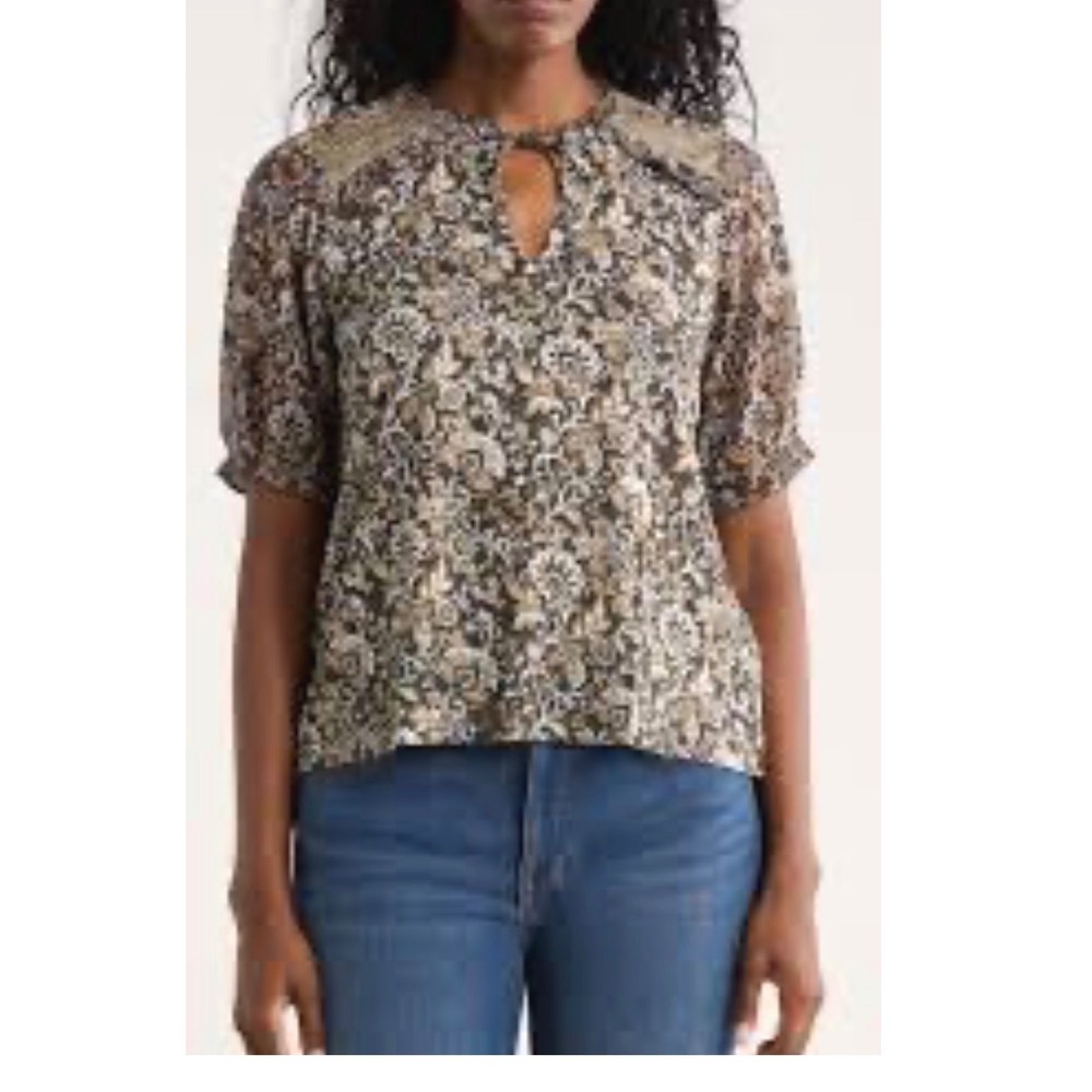 Women's Lucky Brand split-neck floral boho blouse earth tone color size S